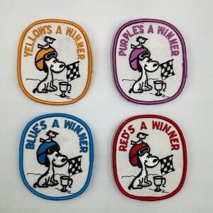 Vintage Snoopy Peanuts Race Winner Patches Set of 4 Yellow Blue Purple Red